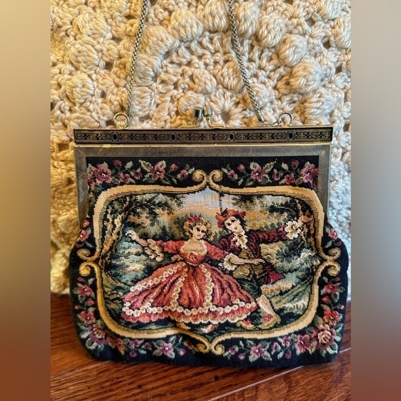Gobelin Fabric Vintage Purse Chain Handle Metal Clasp Handbag Edwardian Clutch